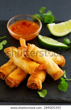 Spring rolls with shrimp with sweet chili sauce. Asian cuisine.
