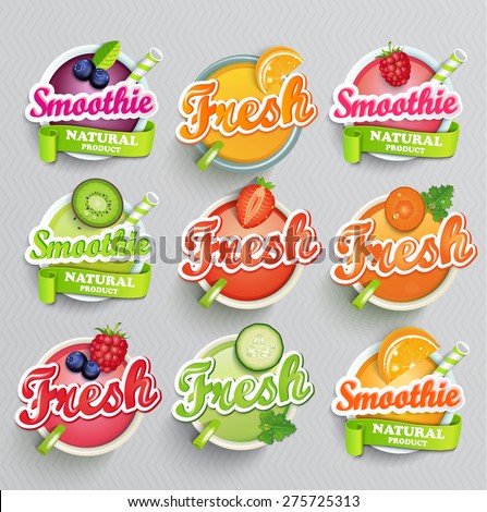 Set sticers smoothie with ribbon and freshes grapefruit, carrot, cucumber, raspberries, blueberries, strawberries, kiwi, orange, lime. Vector.