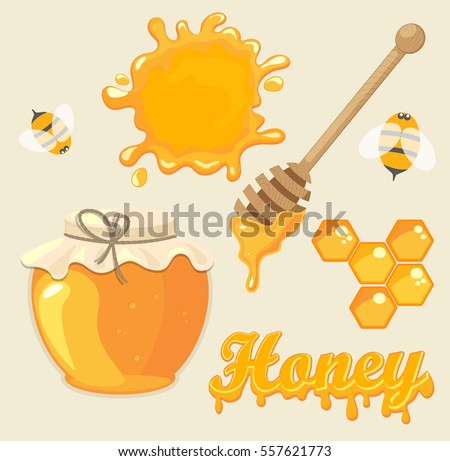 Vector illustration set of jars with honey, honeycomb, lettering and bees. Natural healthy food production.