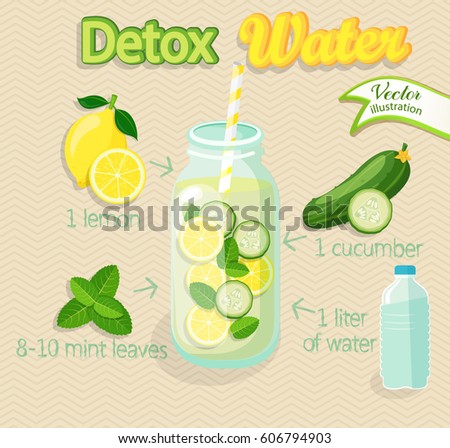 Detox cocktail with cucumber, lemon, water, mint. Vector illustration for diet menu, cafe and restaurant menu. Fresh smoothies, detox, fruit cocktail for healthy life.