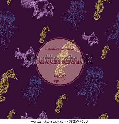 Seamless pattern. Vintage vector sketch of jellyfish, goldfish and seahorse. Hand drawn illustration. Sea life collection.