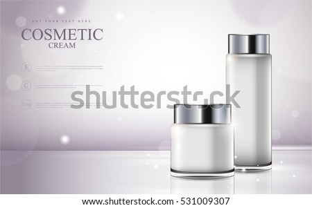 cosmetic product poster, bottle package design with moisturizer cream or liquid, sparkling background with glitter polka, vector design.