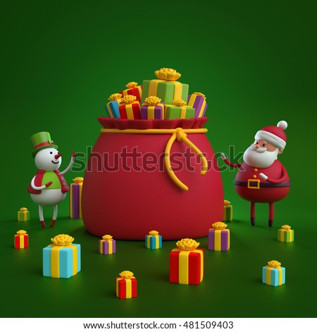 3d render, digital illustration, snowman and santa claus opening bag with gift boxes, Christmas holiday background