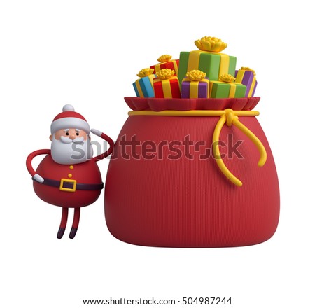 3d render, digital illustration, Santa Claus cartoon character, gift boxes, bag, Christmas toy isolated on white background