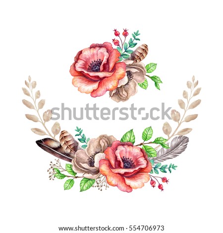 Watercolor Illustration Flowers And Feathers Rustic Floral Clip Art Border Wedding Bouquet Watercolor Illustration Flowers And Feathers Rustic Floral Clip Art Border Wedding Bouquet