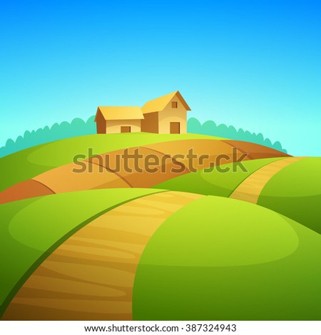 Rural landscape with farm barn, cartoon vector illustration.