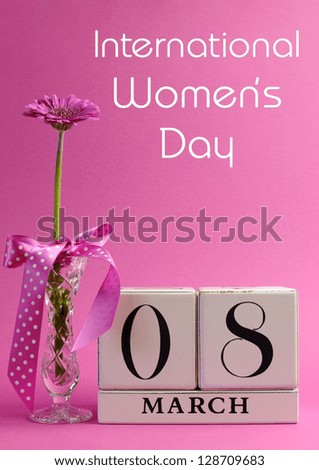Pink theme, save the date white block calendar for International Women's Day, March 8, decorated with flower, vase and polka dot ribbon. Vertical with title message.