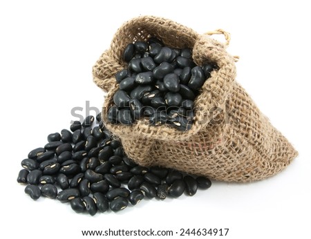 Black Beans in canvas sack on white background