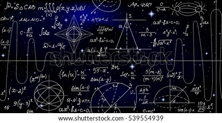 Padrão sem emenda sem fim de vetor matemático com fórmulas, figuras e cálculos escritos à mão no fundo das estrelas.  Textura infinita do espaço científico