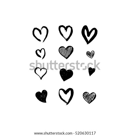 Set of unique hand drawn hearts. Painted design elements.
