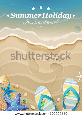 Summer holiday background with footprints in sand. Vector illustration.