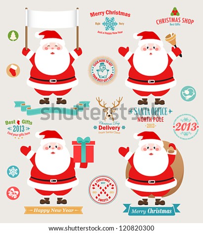 Christmas set - Santa Claus, emblems and other decorative elements. Vector illustration.