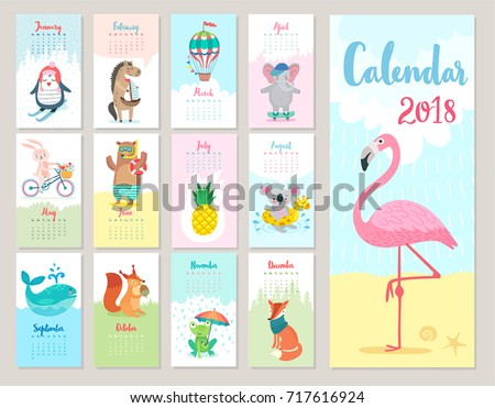 Calendar 2018. Cute monthly calendar with forest animals.