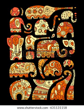 Ornate elephant collection, sketch for your design. Vector illustration