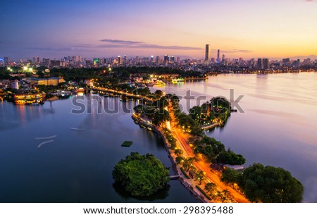 Hanoi, Vietnam - June 29, 2015: Aerial view of Hanoi skyline cityscape near Thanh Nien street at sunset time