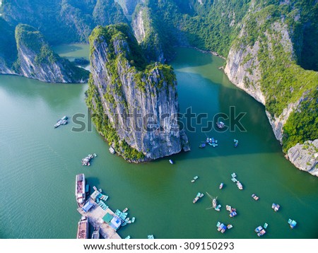 Beautiful seascape with sea and mountain from high view in Halong bay, Vietnam.