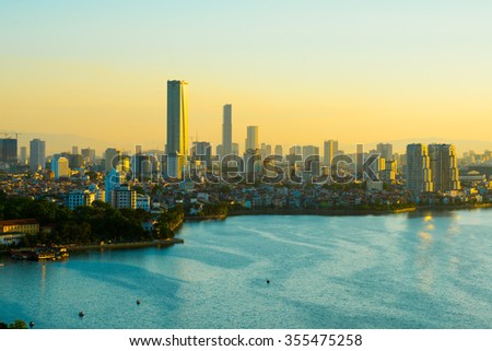Hanoi, Vietnam - June 29, 2015: Aerial view of Hanoi skyline cityscape near West Lake at sunset time