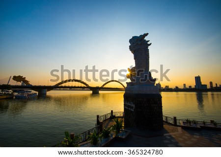 DANANG, VIETNAM - JANUARY 4, 2016: Dragon River Bridge ( Rong Bridge) in sunset in Da Nang, Vietnam.