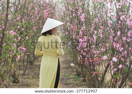 Beautiful Vietnamese girl with traditional dress (ao dai) is in peach flower garden in Hanoi, Vietnam