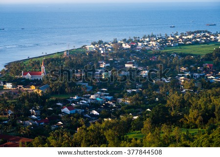 Beautiful landscape with garlic field, coconut and beach in Lyson island, Quang Ngai, Vietnam.
