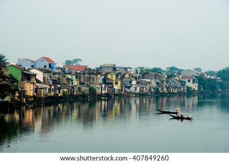 HUE, VIETNAM, APRIL 17, 2016: Bao Vinh ancient town in Hue, Vietnam. Hue is recognized as a World Heritage Site by UNESCO.