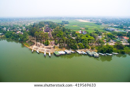 Thien Mu pagoda from drone. Hue, Vietnam.