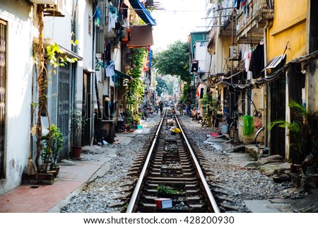 HANOI, VIETNAM - MAY, 29, 2016: Life of people who live near the railway in Hanoi ancient town.