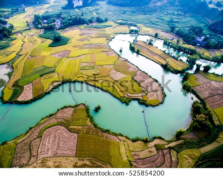 River and rice field from drone in Cao Bang province, Vietnam