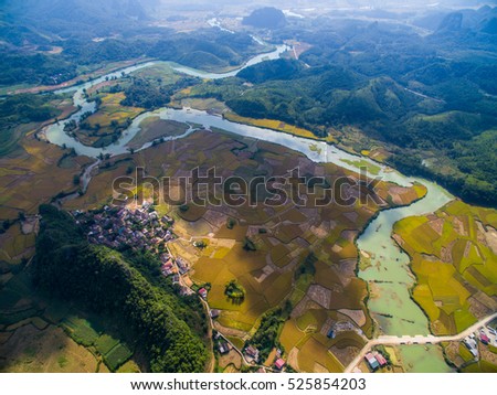 River and rice field from drone in Cao Bang province, Vietnam