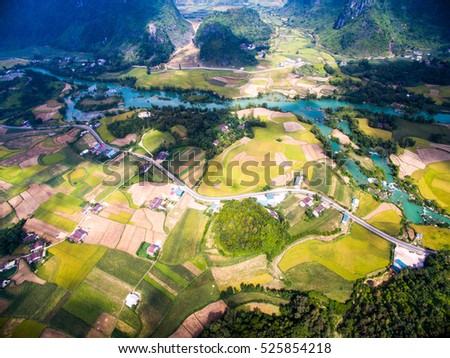 River and rice field from drone in Cao Bang province, Vietnam