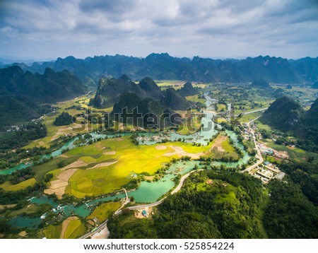 River and rice field from drone in Cao Bang province, Vietnam