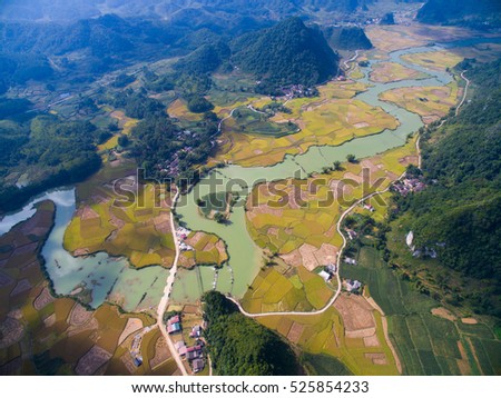 River and rice field from drone in Cao Bang province, Vietnam