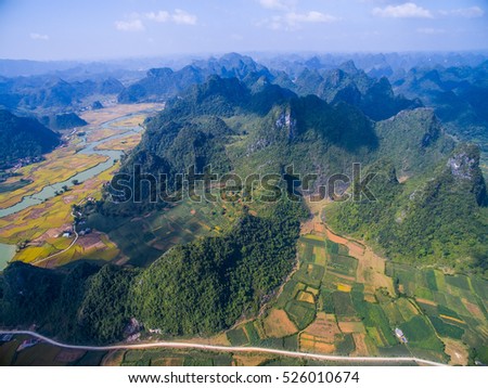 Beautiful landscape with rice field and mountain from drone in Cao Bang province, Vietnam