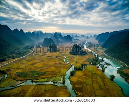 Beautiful landscape with rice field and mountain from drone in Cao Bang province, Vietnam