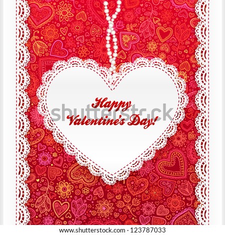 Vector Valentine's day lacy paper heart greeting card on doodle ornate background