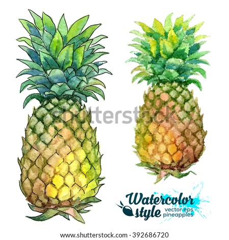 Watercolor painting and dot art imitation vector fresh pineapples
