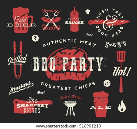 Barbecue Party Vector Retro Symbol Set. Meat and Beer Icon Typography Pattern. Steak, Sausage, Grill Signs. Red on Dark Background.