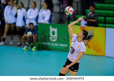 PATHUMTHANI,THAILAND, JAN 2016: Nguyen Thi Ngoc Hoa player of BGVC in action during geam Volleyball Thailand league 2016, BangkokGlassVC and King-BangkokVC at BG Hall on January 24,2016 in Thailand