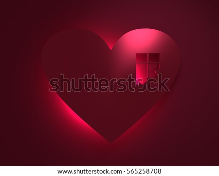 Happy valentines day and wedding design elements. Window and waiting woman in outline heart silhouette . Background relative to valentines day. 3D rendering. Neon light under the icon