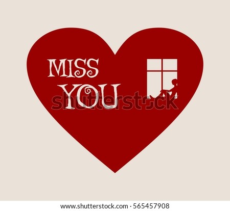 Happy valentines day and wedding design elements. Vector illustration. Window and waiting woman placed on pink heart silhouette . Background relative to valentines day. Celebration card pattern