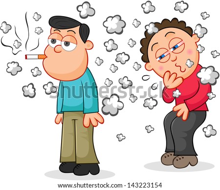 Cartoon man smoking a cigarette while another man is coughing from the ...