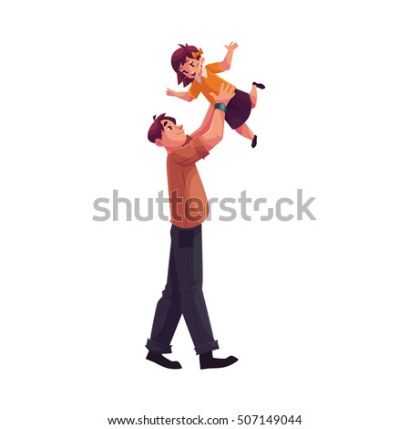 Father throwing his daughter into air, cartoon vector illustrations isolated on white background. Dad throwing his little daughter up and catching her. Young handsome father playing with his kid