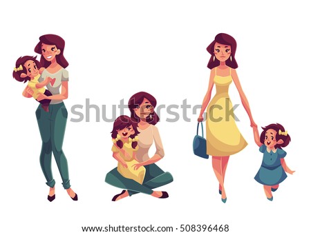 Mother and daughter, set of cartoon vector illustrations isolated on white background. Happy mother holding, cuddling, hugging, embracing her daughter. Pretty young woman with a little daughter
