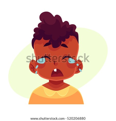 Little boy face, crying facial expression, cartoon vector illustrations isolated on yellow background. black male kid emoji face crying, shedding tears, sad, heart broken, in grief.