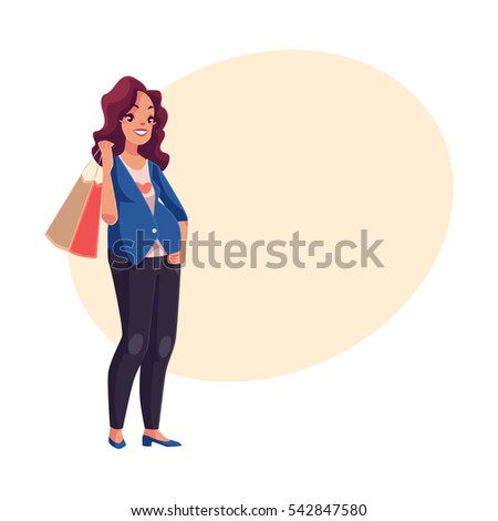 Half turned young pregnant woman holding shopping bag on her shoulder, cartoon vector on background with place for text. Beautiful woman, fashion store customer