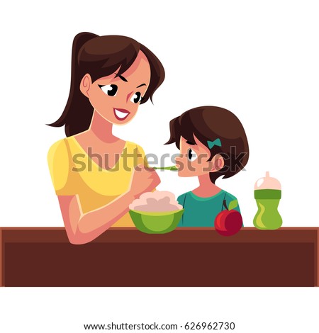 Mother spoon feeding her little daughter sitting at the table, cartoon vector illustration isolated on white background. Portrait of mother feeding her daughter with porridge sitting at the table