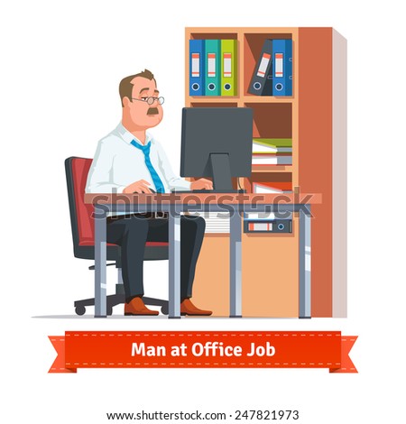 Man working on a computer at the office table behind a cupboard full of ring binders and papers. Flat style illustration or icon. EPS 10 vector.