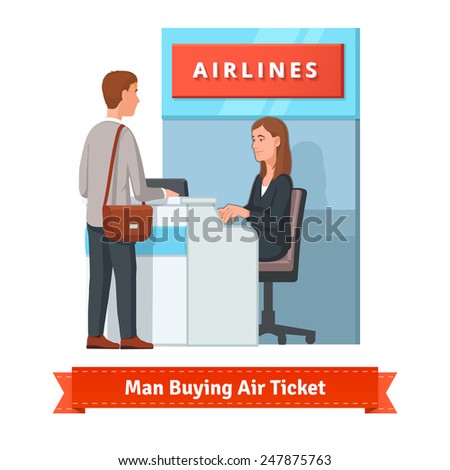 Young man buying a ticket for a business trip at the airport. He's assisted by a pretty woman airlines clerk. Flat style illustration or icon. EPS 10 vector.