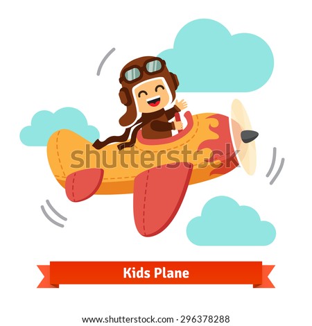 Happy smiling kid flying plane like a real pilot in retro leather flight helmet. Flat style cartoon vector illustration.