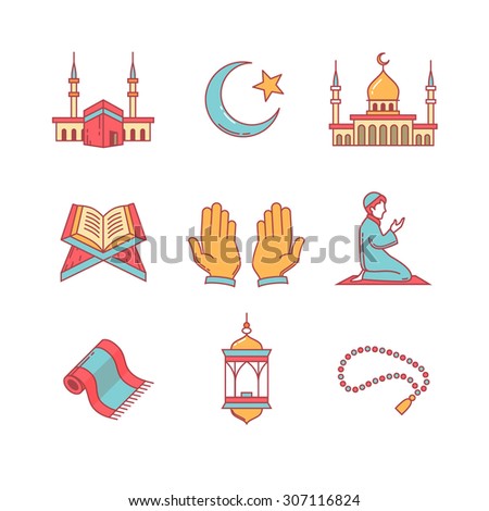 symbol muslim faith of icons and kareem Modern art prayer thin islam Muslim line ramadan set.